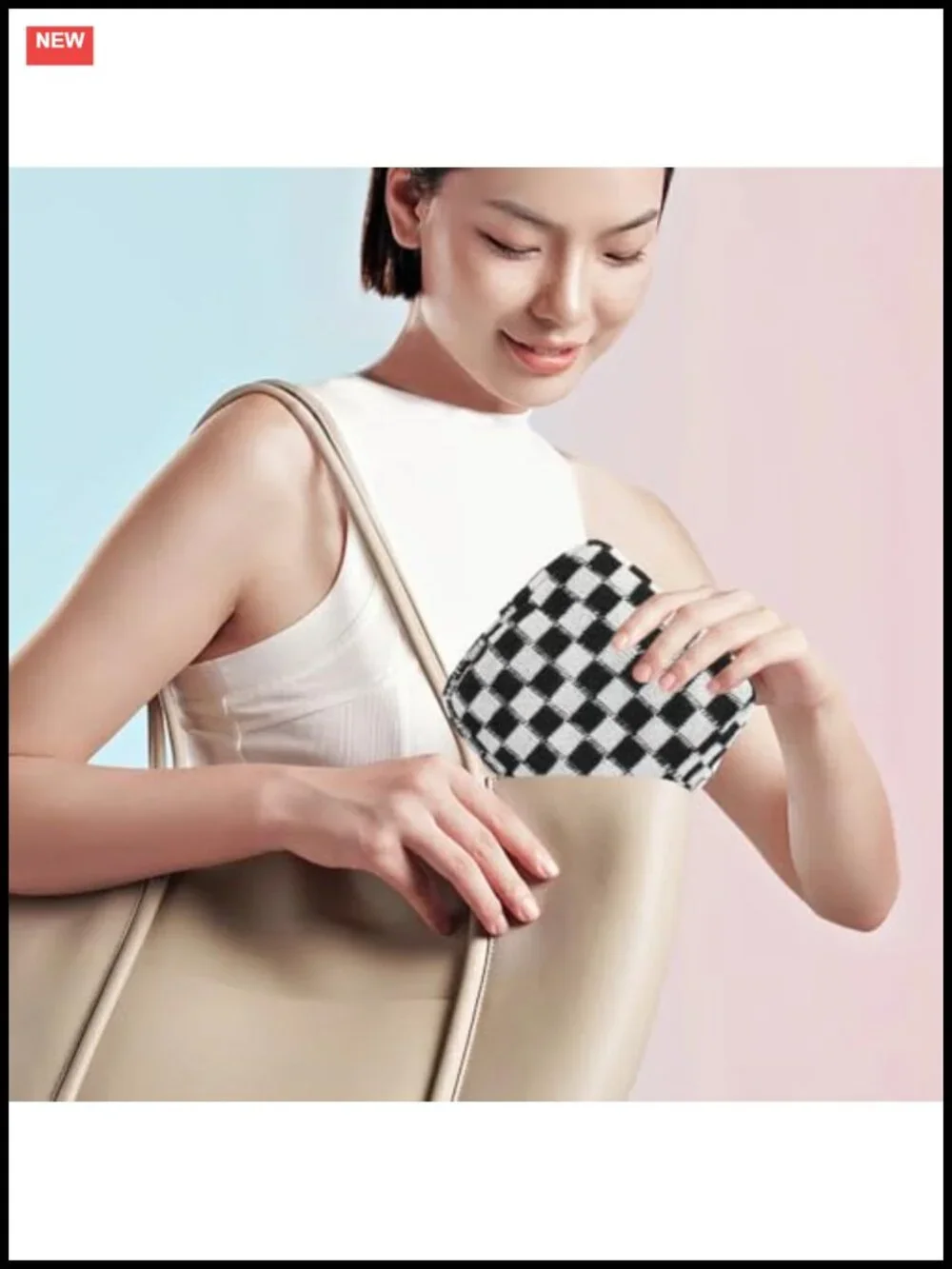 Mini Checkered Cosmetic Bag with Zipper, Quilted Knitted Cotton Travel Makeup